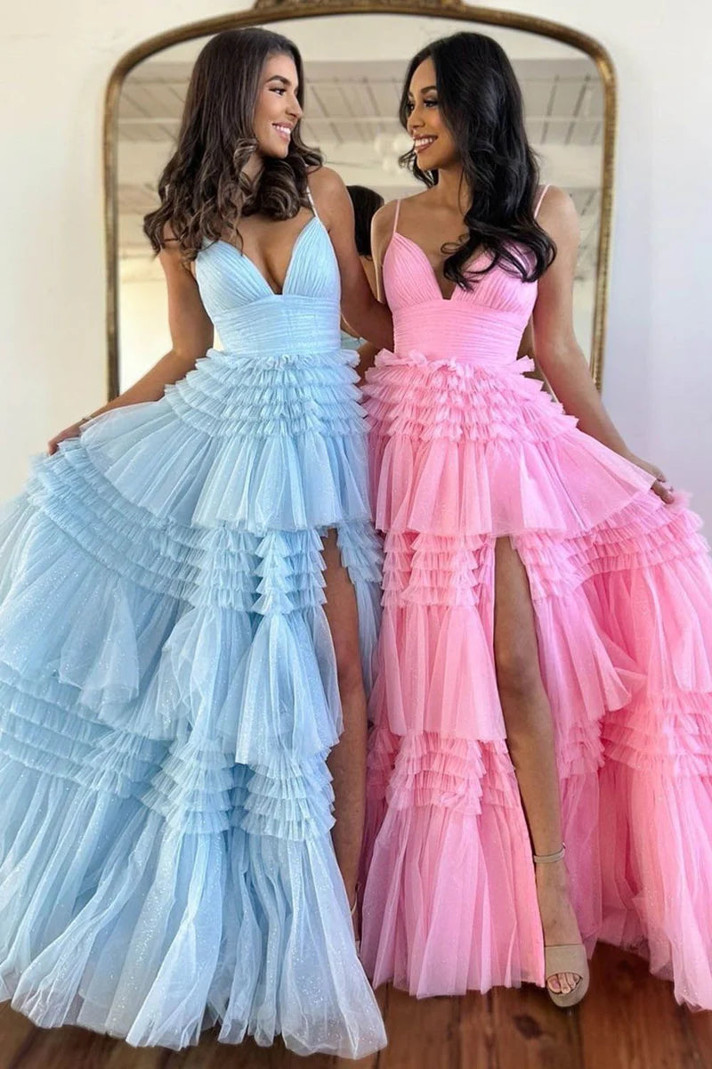 V-Neck Spaghetti Straps Empire With Side Slit Tulle A-Line Prom Dress