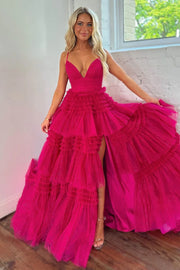 V-Neck Spaghetti Straps Empire With Side Slit Tulle A-Line Prom Dress