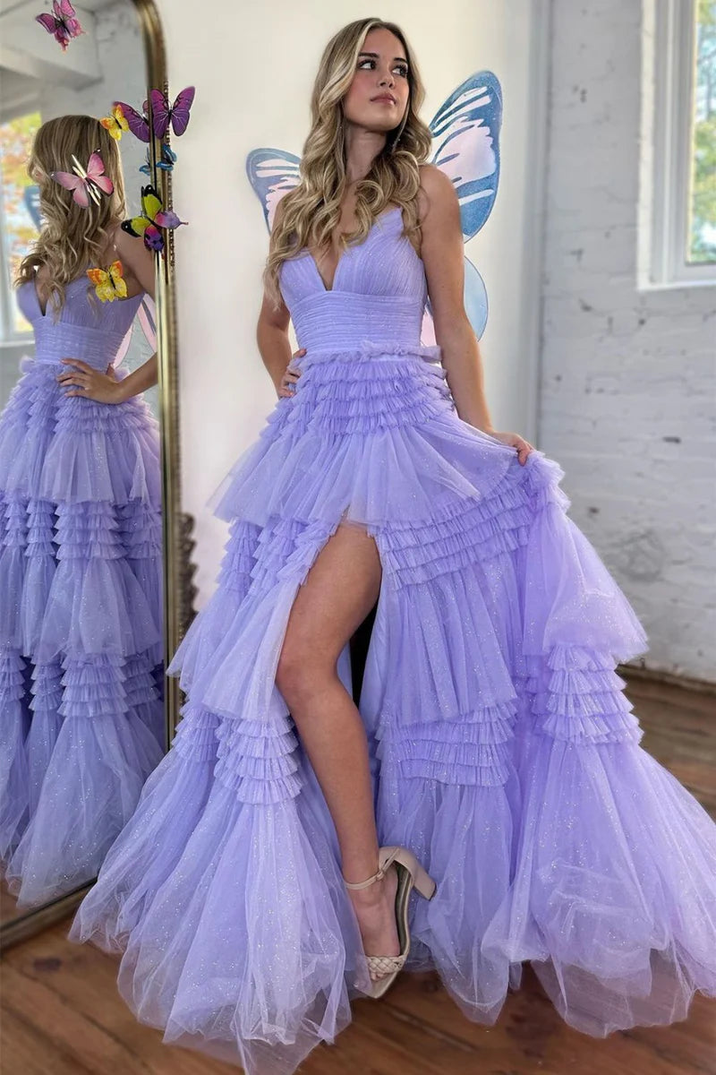 V-Neck Spaghetti Straps Empire With Side Slit Tulle A-Line Prom Dress