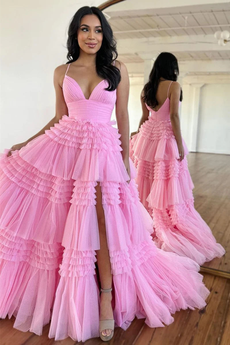 V-Neck Spaghetti Straps Empire With Side Slit Tulle A-Line Prom Dress