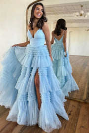 V-Neck Spaghetti Straps Empire With Side Slit Tulle A-Line Prom Dress