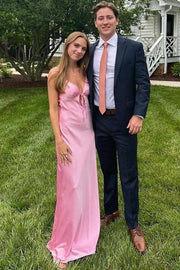 V-Neck Spaghetti Straps Fitted Long Satin Prom Party Dress