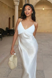 V-Neck Spaghetti Straps Fitted Satin Party Prom Dress