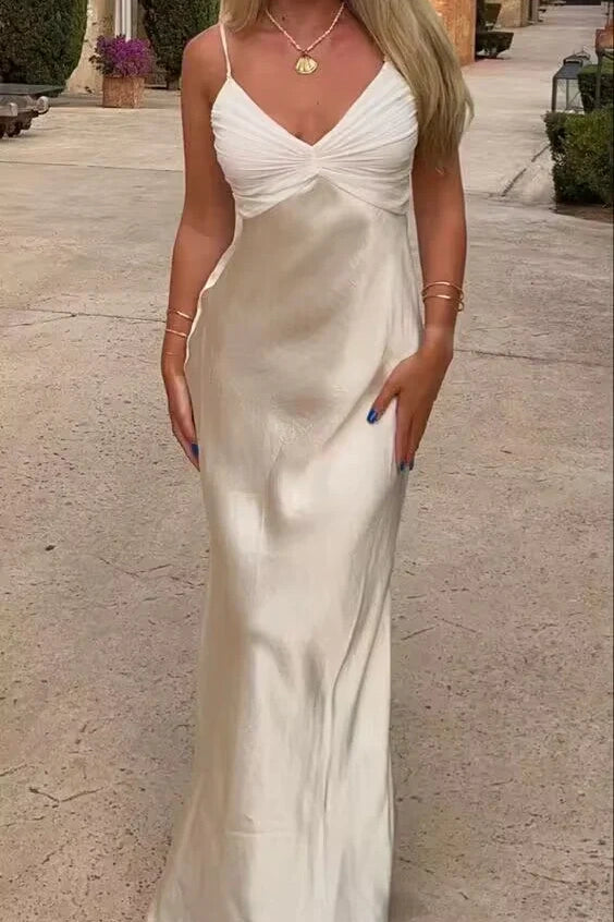 V-Neck Spaghetti Straps Fitted Satin Party Prom Dress