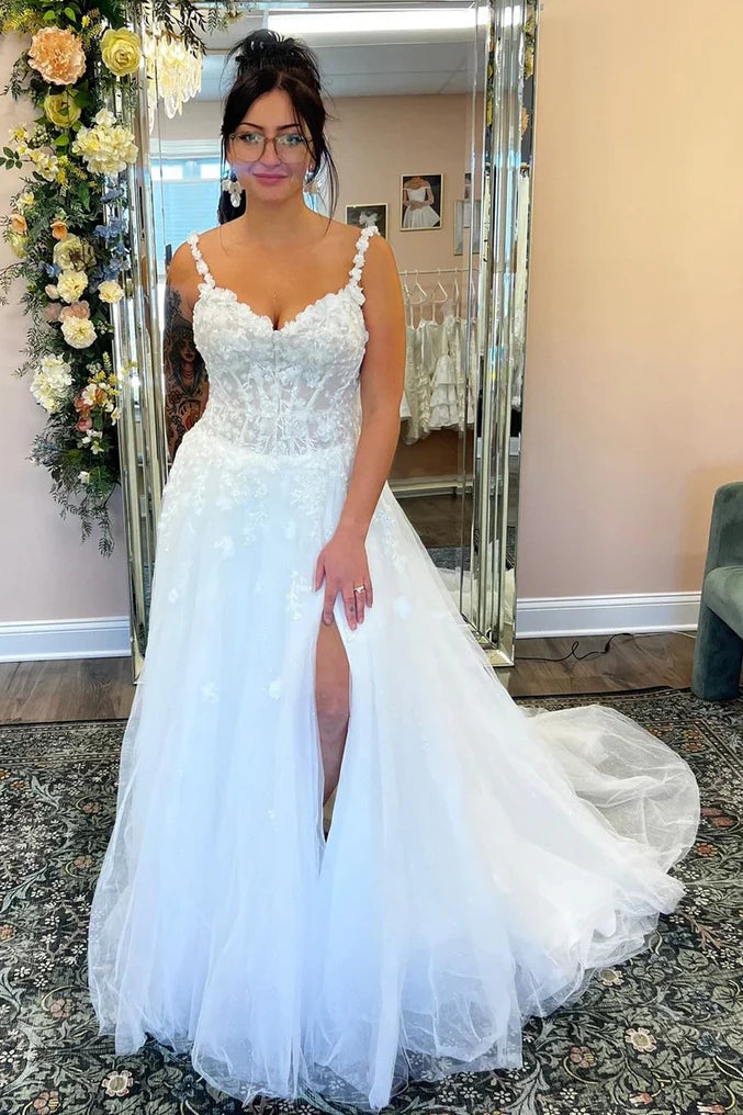 V-Neck Spaghetti Straps Lace A-Line Wedding Dress