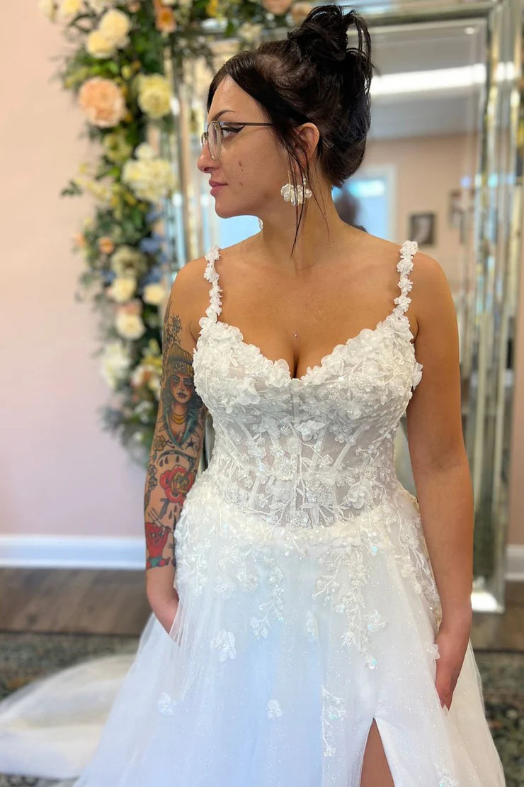 V-Neck Spaghetti Straps Lace A-Line Wedding Dress