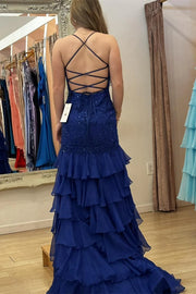 V-Neck Spaghetti Straps Lace And Chiffon Tiered Party Prom Dress