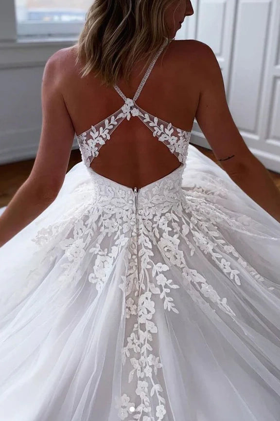 V-Neck Spaghetti Straps Lace Appliques Boho Wedding Dress