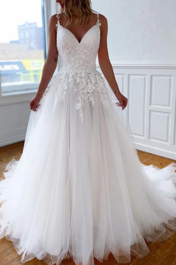 V-Neck Spaghetti Straps Lace Appliques Boho Wedding Dress Custom Color / US 8 V-Neck Spaghetti Straps Lace Appliques Boho Wedding Dress Custom Color / US 8