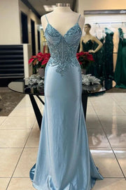 V-Neck Spaghetti Straps Lace Appliques Long Party Prom Dress