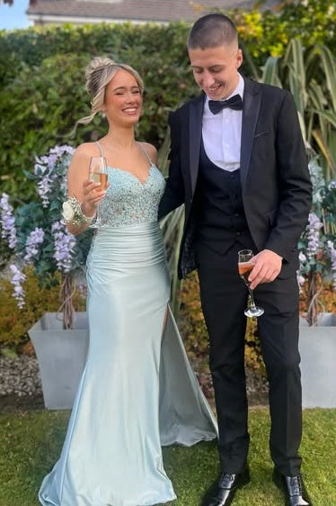 V-Neck Spaghetti Straps Lace Appliques Mermaid Party Prom Dress