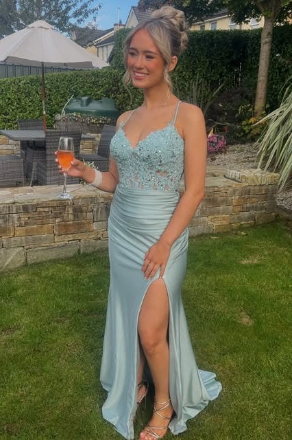 V-Neck Spaghetti Straps Lace Appliques Mermaid Party Prom Dress