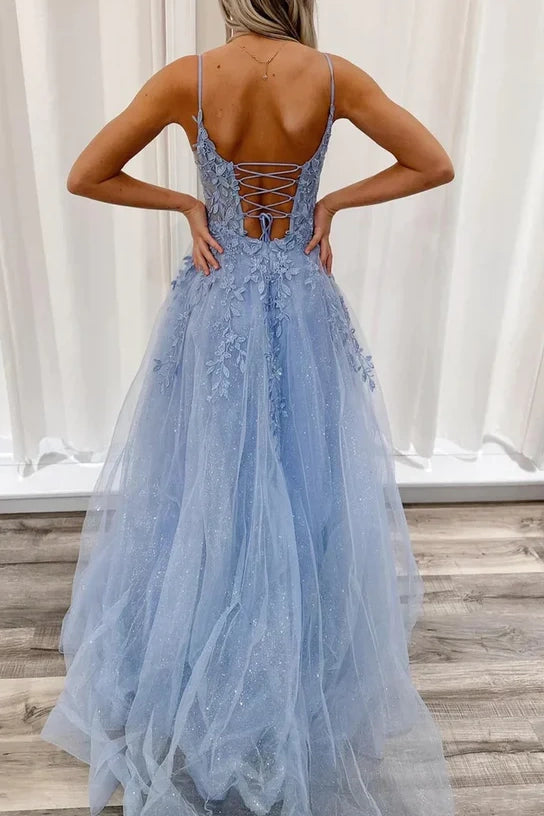 V-Neck Spaghetti Straps Lace Appliques Tulle A-Line Prom Dress