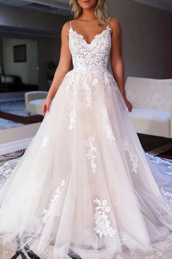 V-Neck Spaghetti Straps Lace Appliques Tulle A-Line Wedding Dress White / US 2 V-Neck Spaghetti Straps Lace Appliques Tulle A-Line Wedding Dress White / US 2