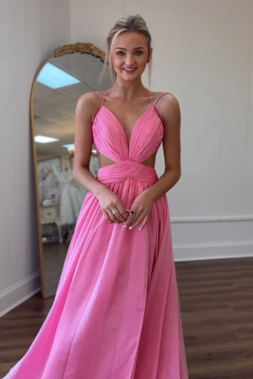 V-Neck Spaghetti Straps Lace Up Chiffon A-Line Party Prom Dress
