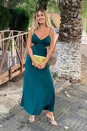 V-Neck Spaghetti Straps Lace Up Pleated Long Party Prom Dress