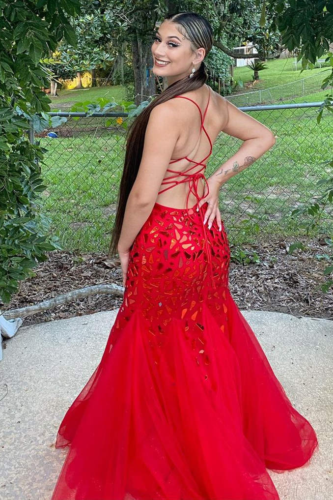 V-Neck Spaghetti Straps Mermaid Tulle Beaded Party Prom Dress