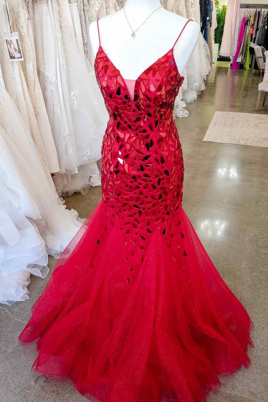 V-Neck Spaghetti Straps Mermaid Tulle Beaded Party Prom Dress