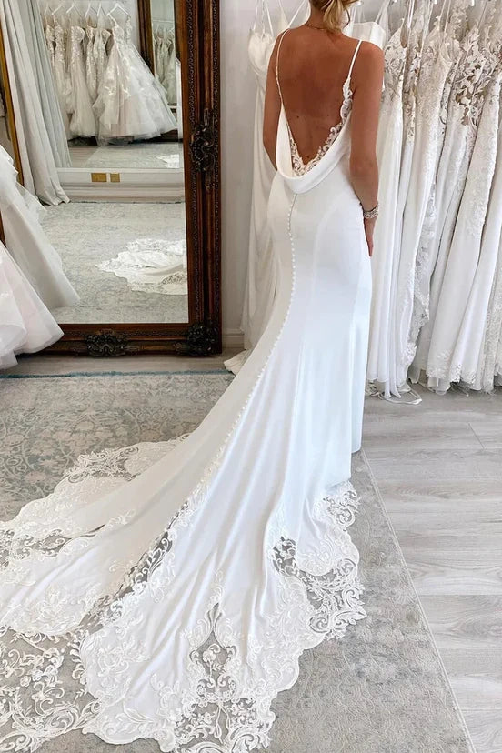 V-Neck Spaghetti Straps Open Back Wedding Dress With Train Custom Color / US 8