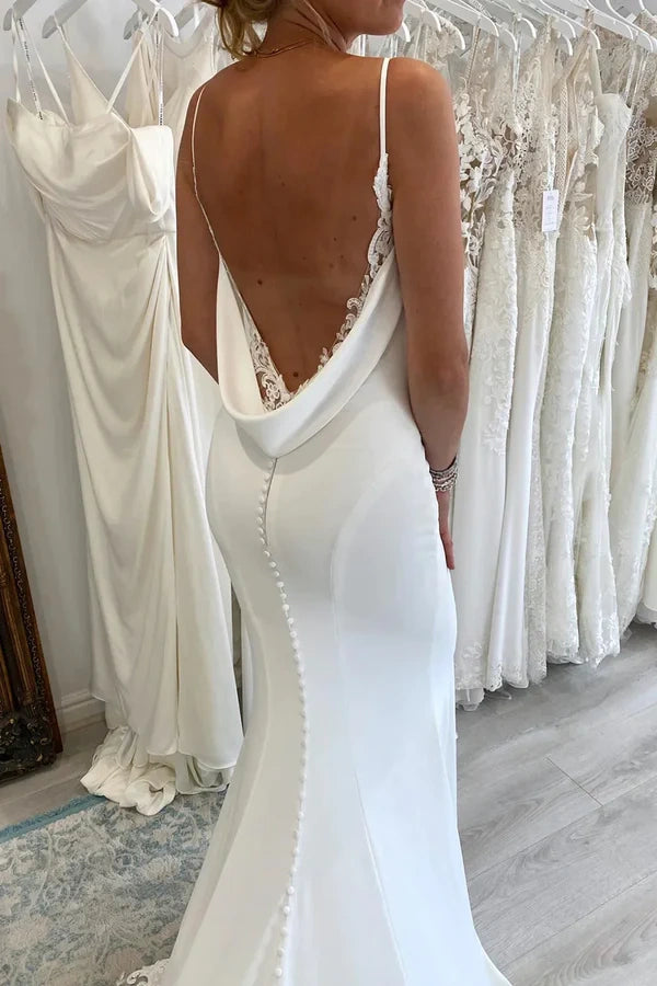 V-Neck Spaghetti Straps Open Back Wedding Dress With Train Custom Color / US 8