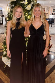 V-Neck Spaghetti Straps Pleated Long Satin Party Prom Dress