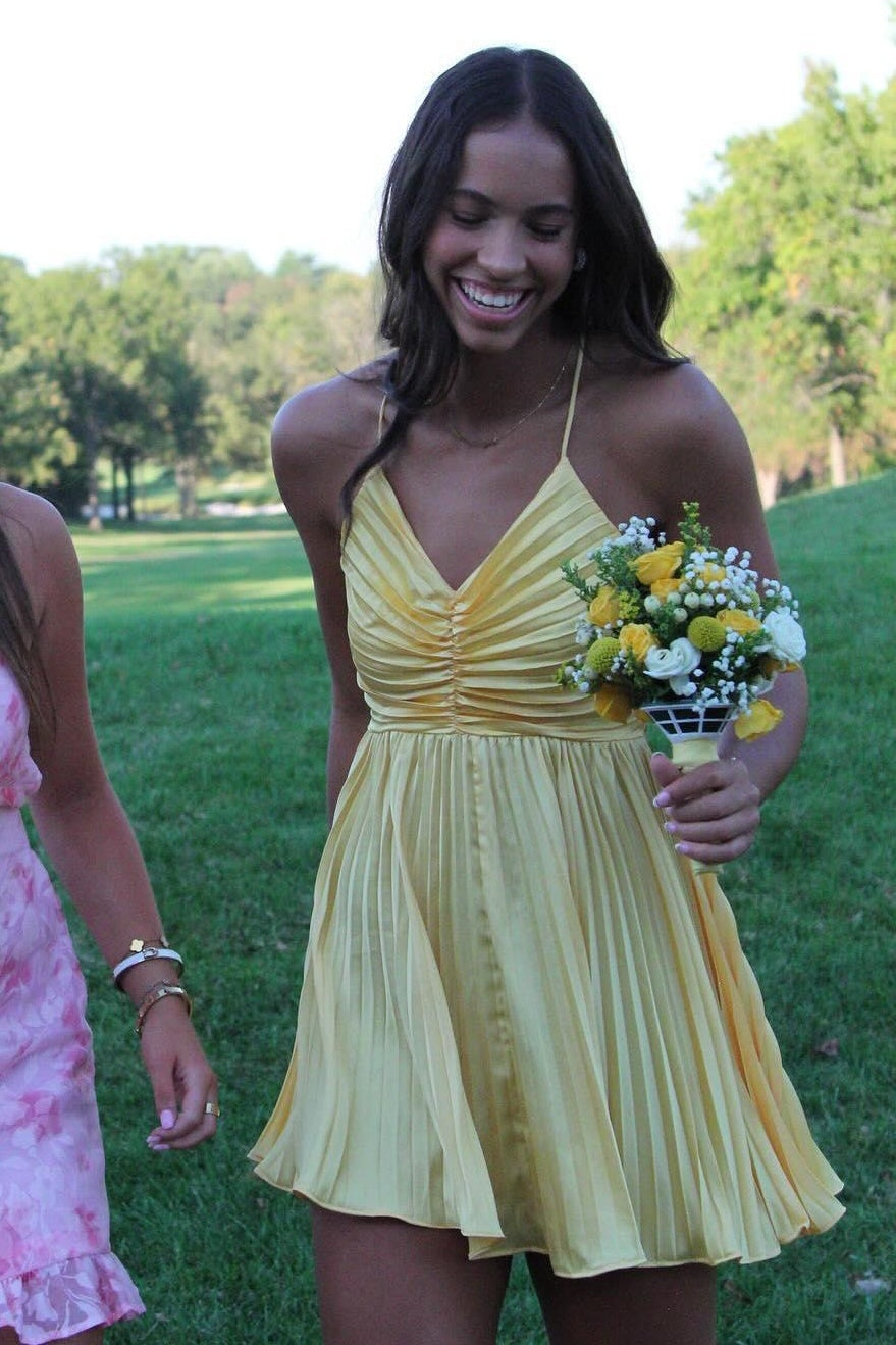 pleated homecoming dress V-Neck Spaghetti Straps Short Party Yellow / US 10 Dorian Stripe Choose Your Fabric Type:Cotton Poplin 59” 3.5 oz 100% line mini dress Empire Waist Prom Long