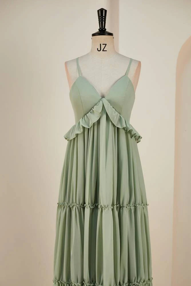 V-Neck Spaghetti Straps Ruffled A-Line Bridesmaid Dress