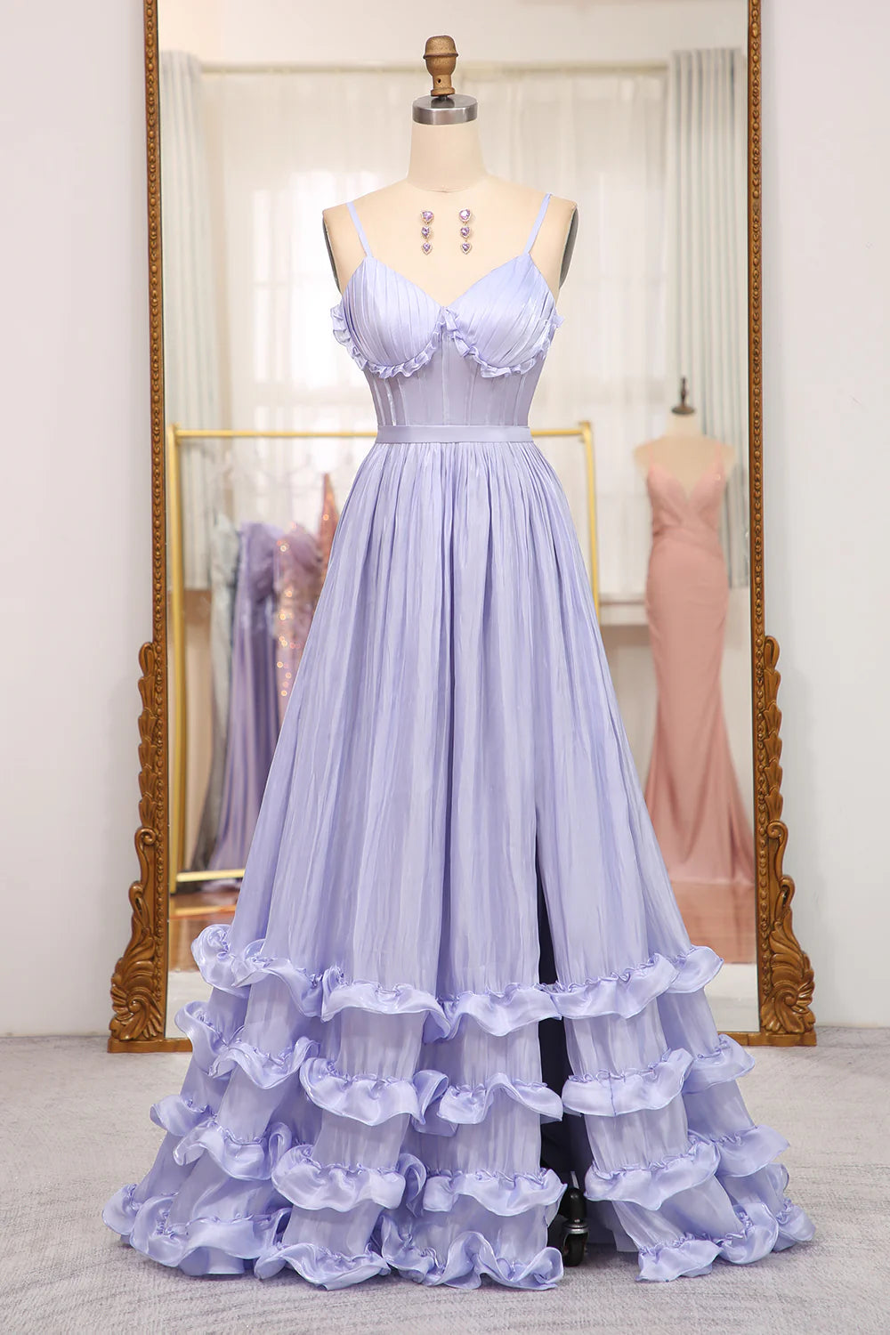 V-Neck Spaghetti Straps Satin A-Line Ruffle Party Prom Dress