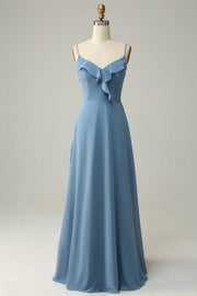 V-Neck Spaghetti Straps Satin A-Line Ruffled Bridesmaid Dress