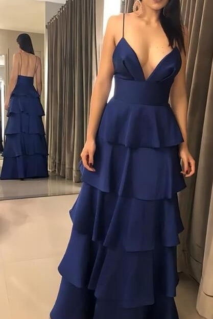V-Neck Spaghetti Straps Satin A-Line Tiered Party Prom Dress