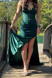 V-Neck Spaghetti Straps Satin And Lace Mermaid Party Prom Dress