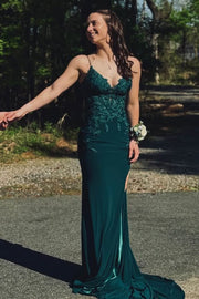 V-Neck Spaghetti Straps Satin And Lace Mermaid Party Prom Dress