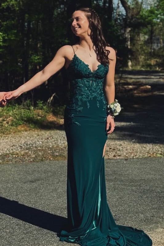 V-Neck Spaghetti Straps Satin And Lace Mermaid Party Prom Dress