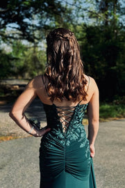 V-Neck Spaghetti Straps Satin And Lace Mermaid Party Prom Dress