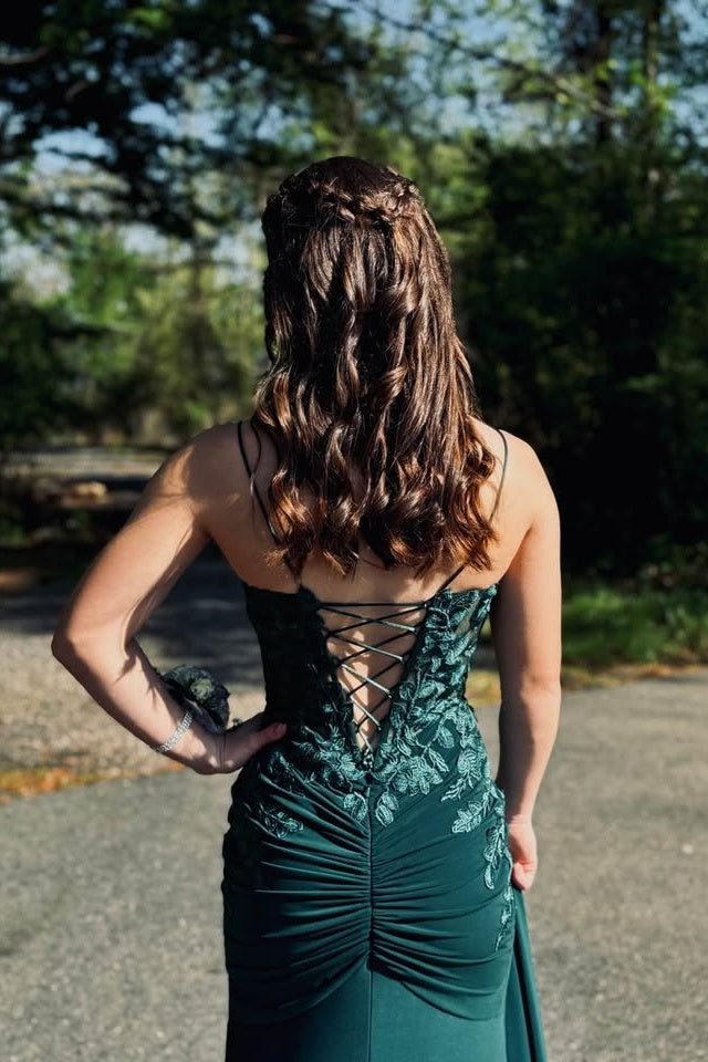 V-Neck Spaghetti Straps Satin And Lace Mermaid Party Prom Dress