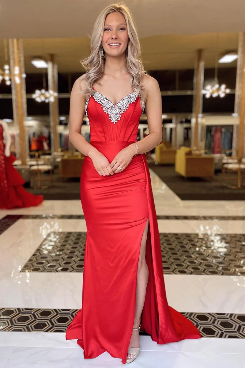 V-Neck Spaghetti Straps Satin Fitted Beaded With Train Prom Dress