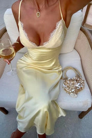 V-Neck Spaghetti Straps Satin Long Party Prom Dress