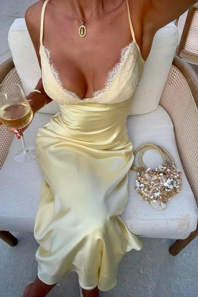 V-Neck Spaghetti Straps Satin Long Party Prom Dress