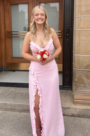 V-Neck Spaghetti Straps Satin Party Prom Dress With Ruffle Slit