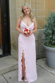 V-Neck Spaghetti Straps Satin Party Prom Dress With Ruffle Slit