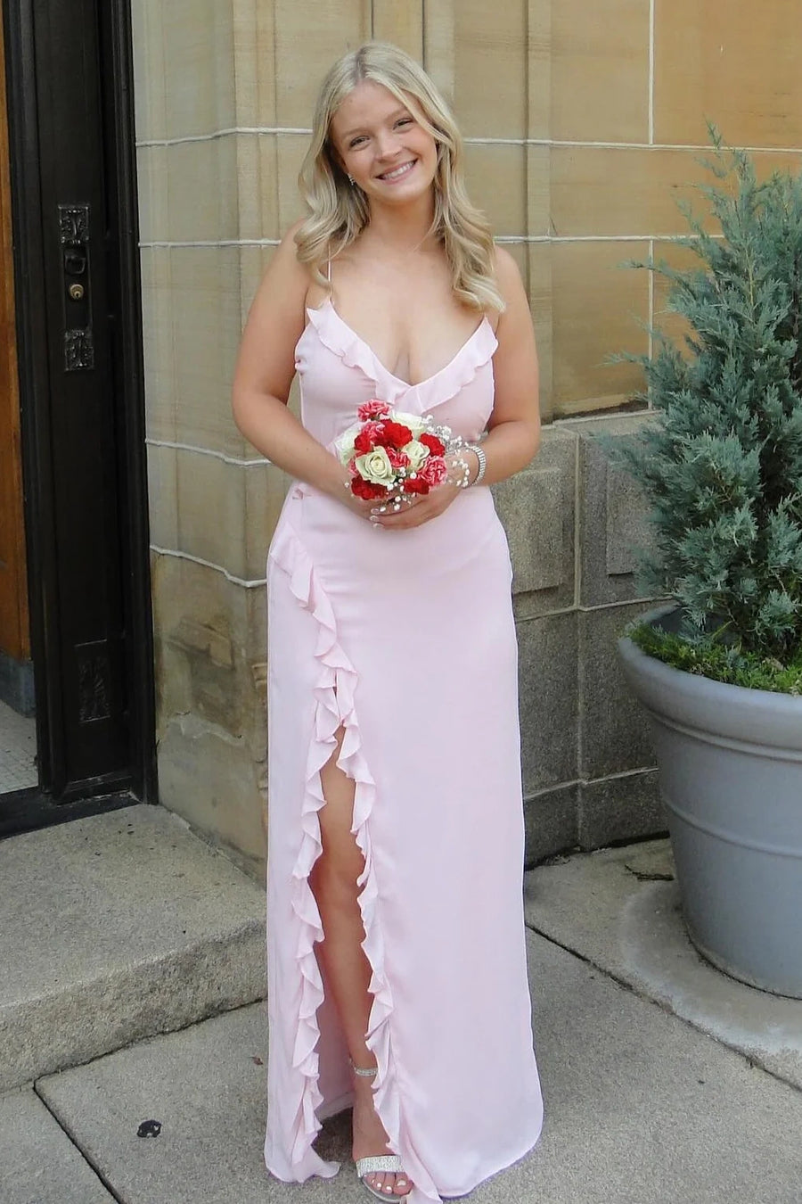 V-Neck Spaghetti Straps Satin Party Prom Dress With Ruffle Slit