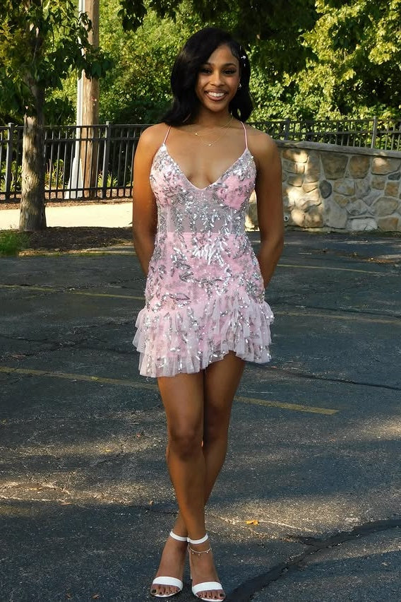 V-Neck Spaghetti Straps Sheer Empire Lace Homecoming Dress