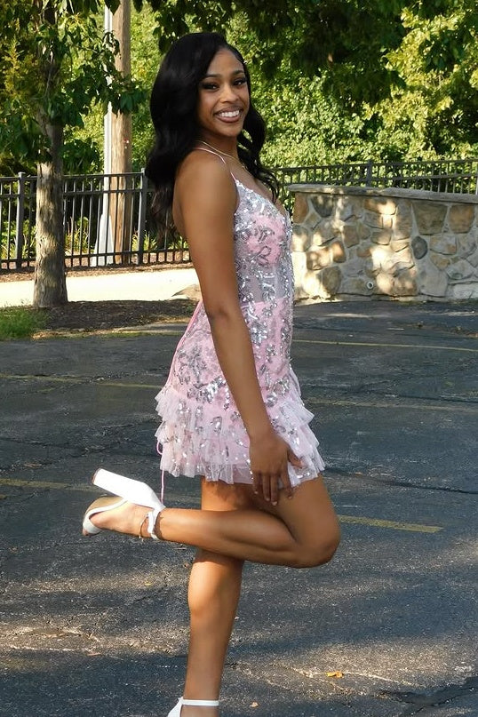 V-Neck Spaghetti Straps Sheer Empire Lace Homecoming Dress