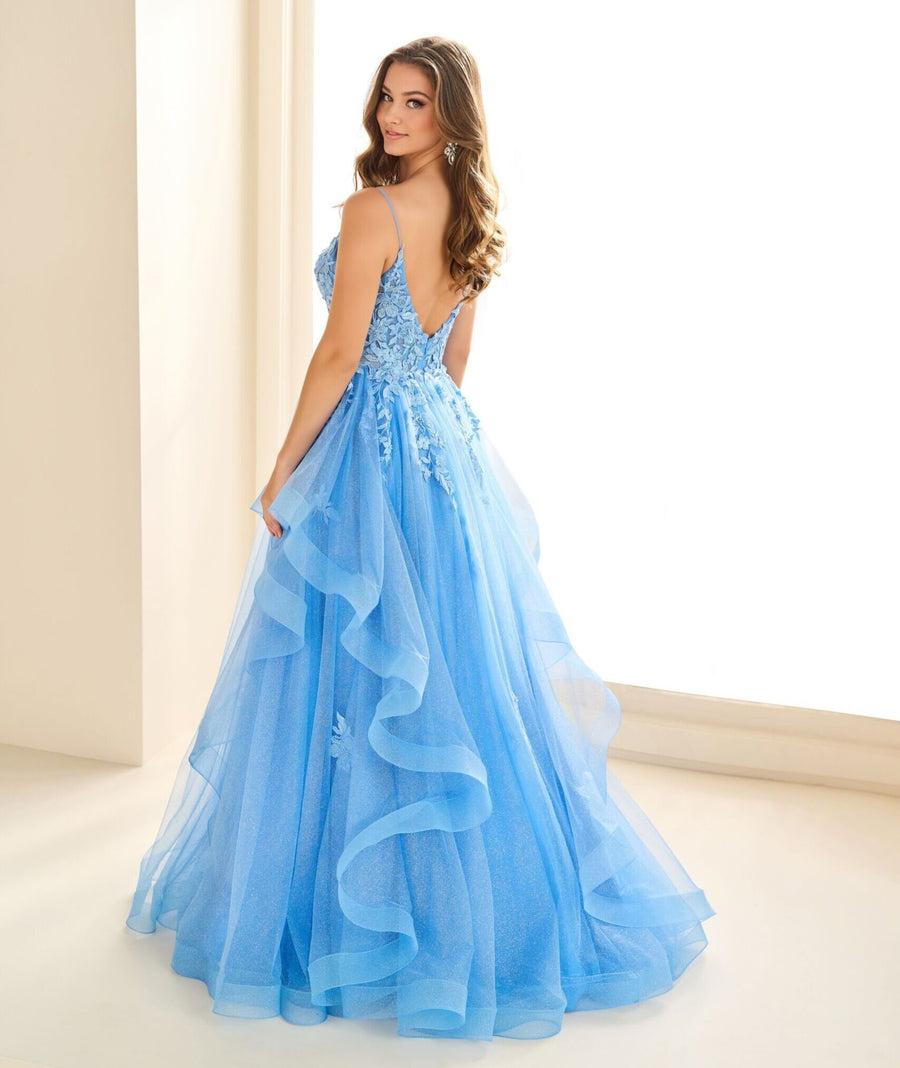 V-Neck Spaghetti Straps Tulle A-Line Appliques Party Prom Dress