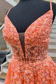 V-Neck Spaghetti Straps Tulle A-Line Appliques Party Prom Dress