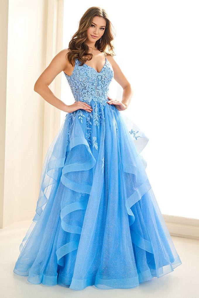 V-Neck Spaghetti Straps Tulle A-Line Appliques Party Prom Dress