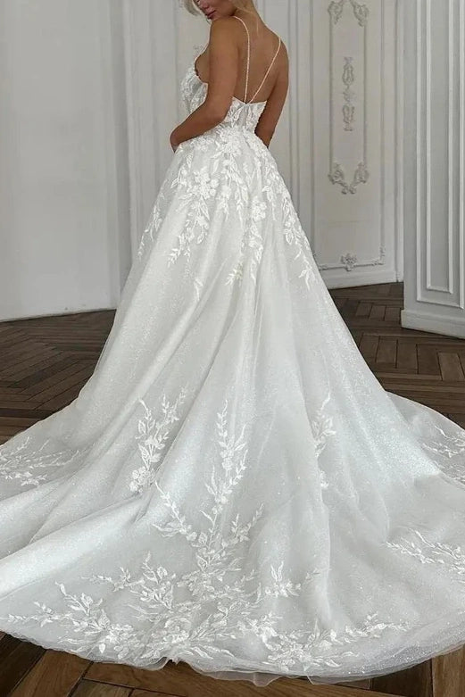 V-Neck Spaghetti Straps Tulle A-Line Appliques Wedding Dress | Joyofdress