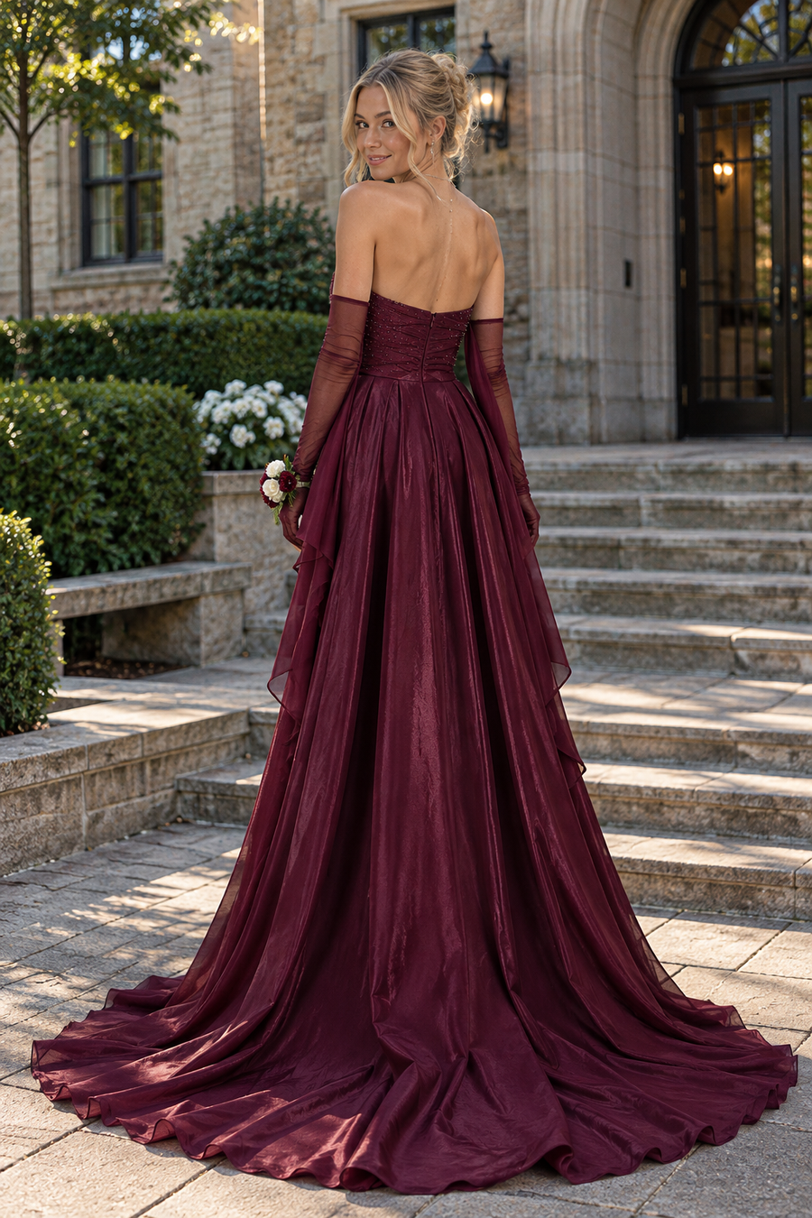V-Neck Strapless Beaded Top Mermaid Satin Party Prom Dress With Train