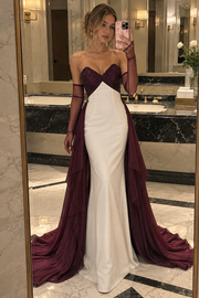 V-Neck Strapless Beaded Top Mermaid Satin Party Prom Dress With Train