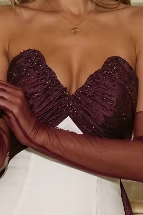 V-Neck Strapless Beaded Top Mermaid Satin Party Prom Dress With Train